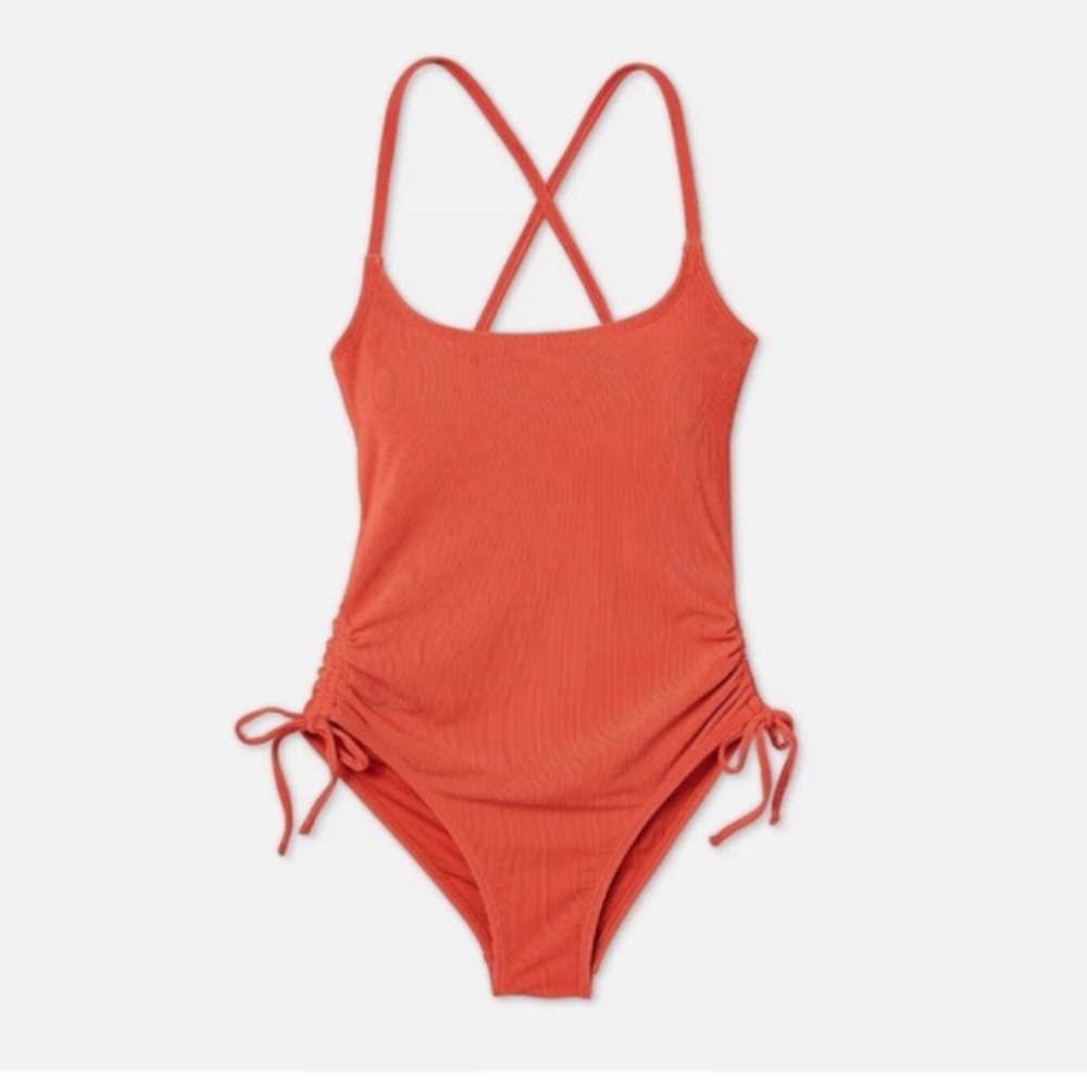 Orange Ribbed Swimsuit with Side Ties